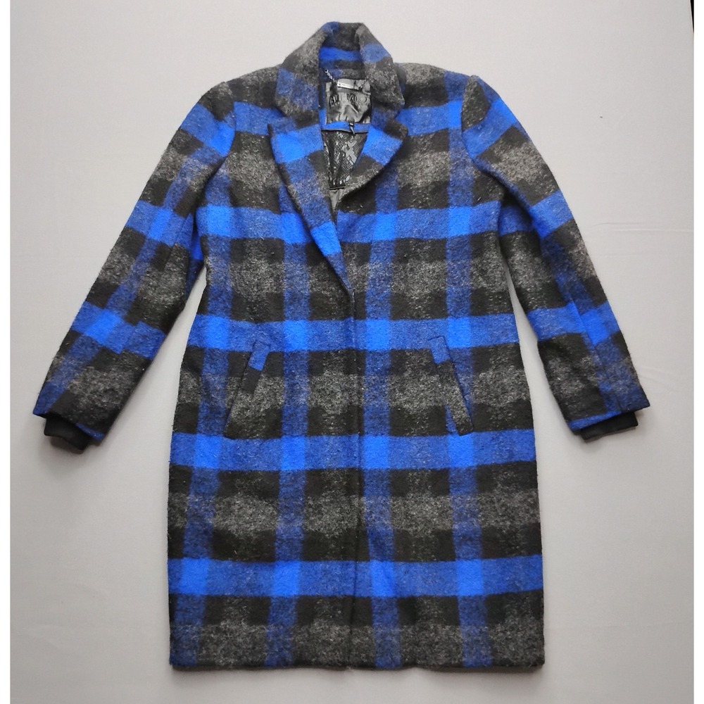 Buffalo David Bitton Womens Blue Black Plaid Wool Blend Long Jacket Coat Medium